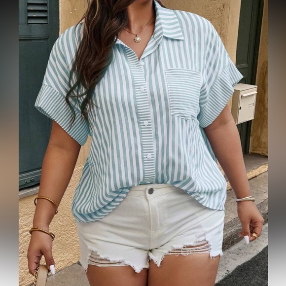 Classic Elegant Plus Size Stripe Short Sleeve Button Down Shirt Blouse Top - Picture 1 of 8
